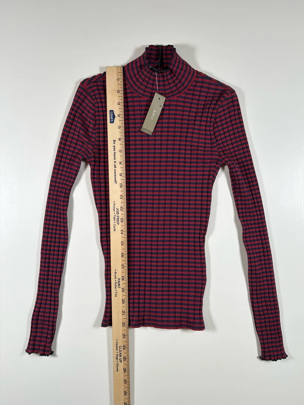 J Crew Pointelle Turtleneck Red Navy Stripe Scalloped Lettuce Trim Women’s XXS